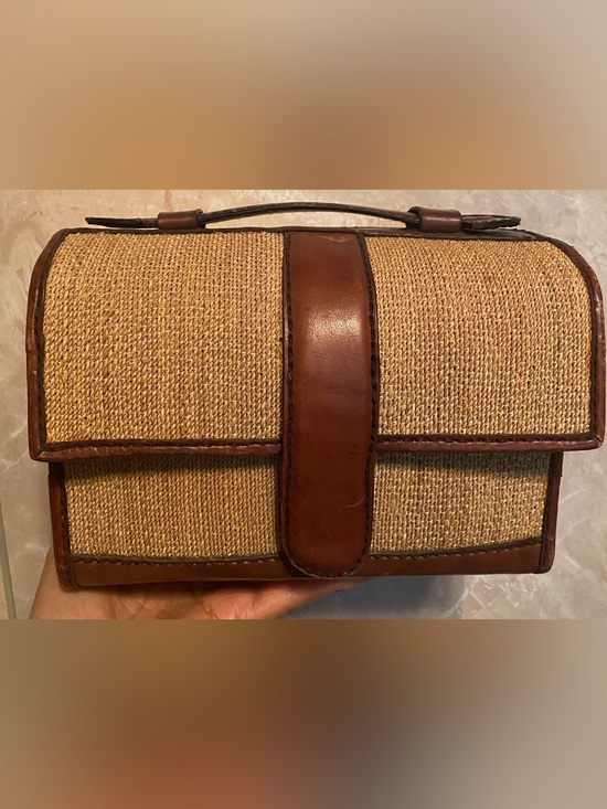 Other - Woven Straw Crossbody Camera Bag with Brown Leather Trim